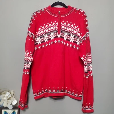 Hanna Andersson Sweater Mens Size Large 1/4 Zip Thick Knit Nordic Fair Isle Red - Image 1 of 4