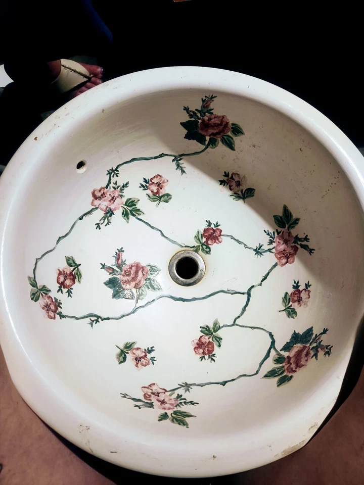 Lavabo lavabo de baño vintage de porcelana eloise, blanco con patrón floral rosa Foto 1 de 1