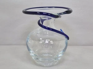Vintage Studio Art Hand Blown Clear Glass Vase Cobalt Blue Wrap Swirl 5-5/8" - Picture 1 of 13