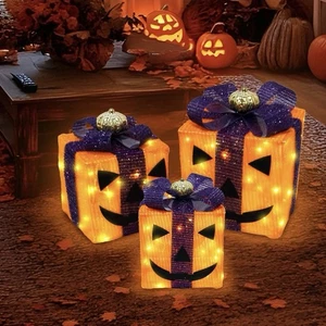 Paquete de 3 cajas de calabaza iluminadas de Halloween para interiores con temporizador 60 LED - Imagen 1 de 5