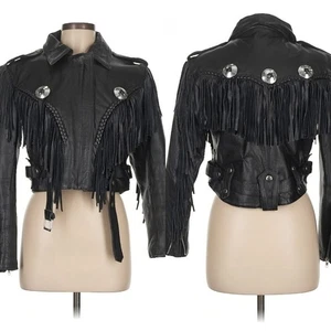 Vintage FIRST Wild West Moto Biker 100% Hard Leather Jacket Fringe Rock Women M - Picture 1 of 11