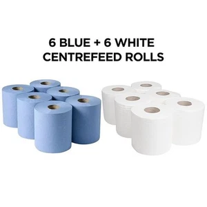 Rollos de alimentación central toallas de pañuelo premium blanco azul paquete de 12 2 capas 1440Mt - Imagen 1 de 2
