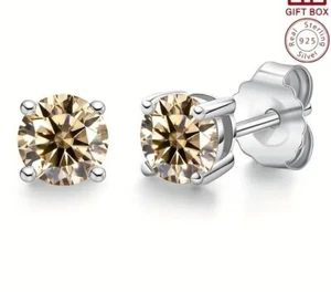 Yellow Moissanite Stone - 925 Sterling Silver Stud Earrings 14k Gold Plated - Picture 1 of 10