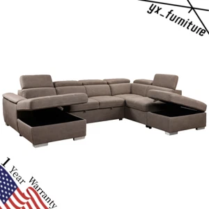 128" U Shaped Sofa Reversible Modular 7 Seater w/ Ottomans & Adjustable Headrest - Picture 1 of 10