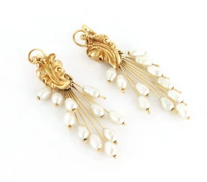 14k Yellow Gold Freshwater Pearls Convertible Style Dangle Earrings - Picture 1 of 7