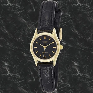 Casio LTP-1094Q-1A Ladies Analog Watch Leather Band Black - Gold Rim Face New - Picture 1 of 5