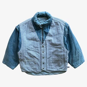 Vintage 80s Men's Lois Blue Denim Puffer Jacket With Striped Waistcoat, Sailor - Picture 1 of 8