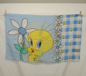 Warner Brothers Tweety Bird Standard Pillow Case Blue Yellow Floral Checked - Picture 1 of 8