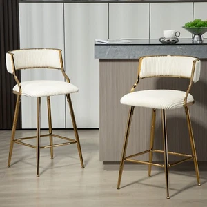 Counter Height Bar Stools Golden Chromed Base Corduroy Barstools Back Set of 2 - Picture 1 of 17