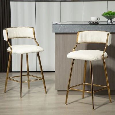 Counter Height Bar Stools Golden Chromed Base Corduroy Barstools Back Set of 2 - Image 1 of 4
