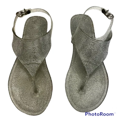 Sandálias planas femininas tamanho 9 glitter transparente prata bling tanga biqueira aberta praia gelatina - Imagem 1 de 4