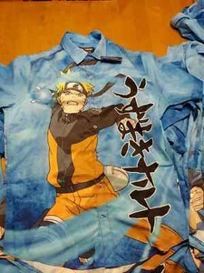 Naruto Shippuden Characters Blue Light Button Up Down Short Sleeve Shirt LARGE - Picture 1 of 7