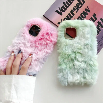 New Fuzzy Fluffy Rabbit Fur Girl Bling Glitter Rhinestone Soft Plush Case Cover - Image 1 of 4