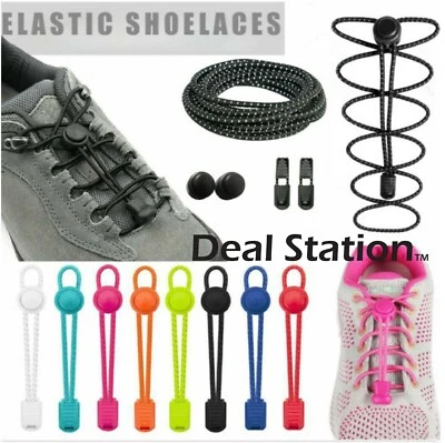 No Tie Shoe Laces Lazy Elastic Round Shoelaces Lock Adults Kids Sports Trainers  - Image 1 of 4