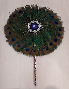 Colorful Round Peacock Feather Hand-Held Fan BEAUTIFUL FEATHERS 11" DIAMETER