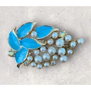 Vintage Enamel And Faux Pearl Brooch 2” Blue And Pearl - Picture 1 of 2