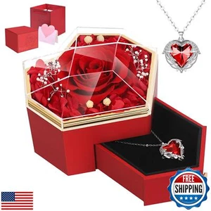 Preserved Red Real Rose with Necklace Forever Flowers Diamond Shaped Box for - Picture 1 of 5