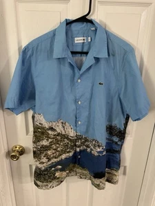 Lacoste Men’s Size Large Mountain Landscape Print Button Up Short Sleeve Shirt - Picture 1 of 4
