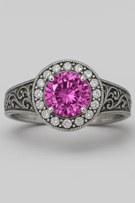 Lab Pink Sapphire Vintage Foral Halo 925 Sterling Silver Ring 10 mm 5 carat - Image 1 of 4