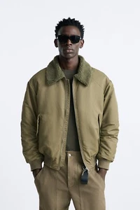 New Zara Fleece Bomber Jacket M Khaki 3918/609 aviator moto coat blazer shirt - Picture 1 of 7