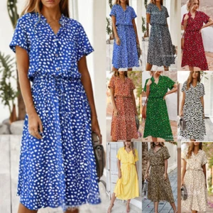 UK Womens Holiday Floral Maxi Dress Summer V-neck Polka Dot Boho Dress Sundress - Picture 1 of 22