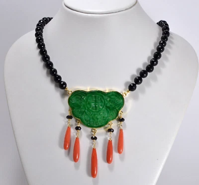 COLLANA ARGENTO 925 GIADA ONICE FACCETTATO  E PENDOLO CORALLO ROSSO    AGLN 0263 - Immagine 1 di 3