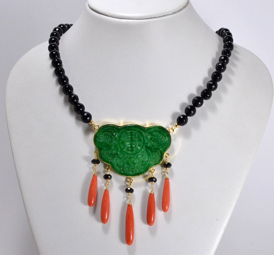 COLLANA ARGENTO 925 GIADA ONICE FACCETTATO  E PENDOLO CORALLO ROSSO    AGLN 0263 - Immagine 1 di 3