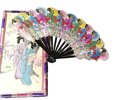 Antiguo abanico de mano japonés plegable geisha mujeres palos de madera esmaltada pintados a mano Foto 1 de 4