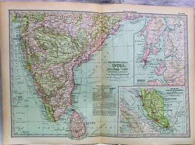 CENTURY ATLAS MAP PAGE PLATE NO.105  INDIA SOUTHERN PART 1911 COLONIAL ERA - Image 1 of 3