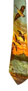 Vintage Swing 50er Herrenkrawatte NuWay "Hunters Delight" Vögel mit Sonnenuntergang Viskose Farbfoto - Bild 1 von 7