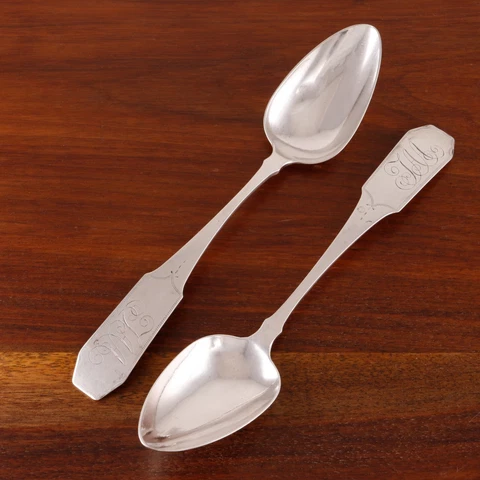 2 JOHN BOUTIER NYC COIN SILVER SERVING SPOONS COFFIN END 1799 MONOGRAM TAA Cover