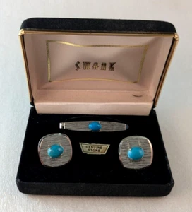 Swank Gemelli e Cravatta Tack Set Tono Argento Turchese Gemma Pietra Vintage �� - Foto 1 di 6