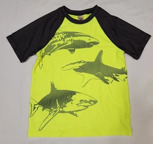 OSHKOSH B'GOSH Boy Yellow Neon Sharks Rashguard Short Sleeve Size 8 - Picture 1 of 4