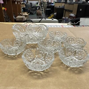 Antique Indiana Glass Childs Toy Serving Bowl With 6 Desert Fruit Dishes 1910 - Picture 1 of 3