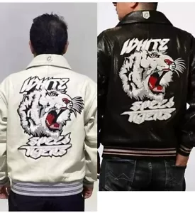Men's Avirex USA White Speed Tigers Embroidered American Leather Bomber Jacket - Picture 1 of 6