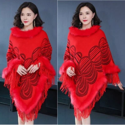 Lady Knit Poncho Cape Faux Fur Cape Coat Wedding Wrap Shawl Cloak Sweater Coat - Image 1 of 4