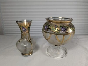 Antique Victorian Art Nouveau Moser Style Gold Gilt Glass Vases Violet Blossoms. - Picture 1 of 6