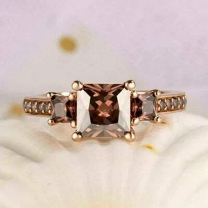 2 CT Princess Cut Chocolate Diamond 3-Stone Engagement Ring 14K Rose Gold Finish - Picture 1 of 7