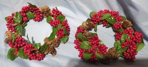 2 Vintage Red Christmas Berries Candle Rings & Pine Cones - Picture 1 of 6