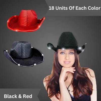 Sombrero de vaquero con luz LED de lentejuelas para fiesta de baile negro y rojo paquete de 36 sombreros Foto 1 de 3