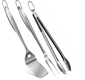 3-Piece BBQ Grilling Utensil Set Heavy Duty Spatula Fork Tongs Outdoor Use - Picture 1 of 6
