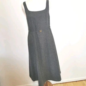 GOELIA Pinafore Dress Size 12 Midi Grey Herringbone Wool Lined Belt Old Money - Picture 1 of 10