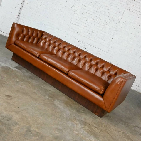 Stow & Davis Cognac Leather Modern Tuxedo Chesterfield Style Tufted Sofa with Wa Cover