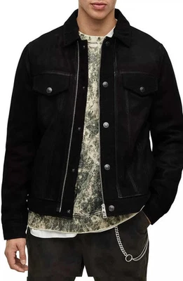 Men's Black Suede Leather Trucker Jacket Genuine Lambskin Motorcycle Jacket - Image 1 of 4