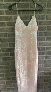 D&M Fashion Formal Evening Sequined  Maxi Dress Sz L Floral Coquette Pink Lace  - Picture 1 of 6