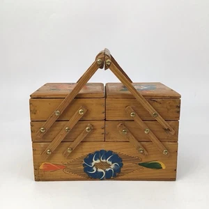 Vintage Wooden 3-Tier Accordion Sewing Box Handpainted Floral Notions Caddy - Picture 1 of 11