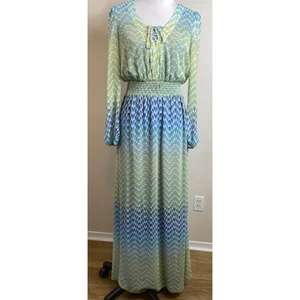 Jessica Simpson Womens Boho Maxi Dress Size 6 Tie Front Green/Blue Print - Picture 1 of 9