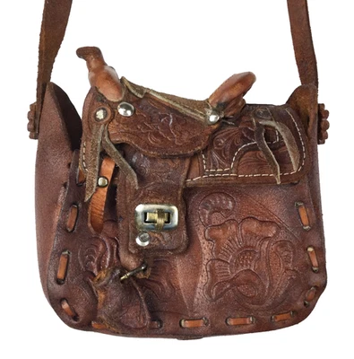 Mini Bolso de Mano Vintage Caballo Sillín Western Tooled Cuero Marrón Vaquera Cartera Foto 1 de 4