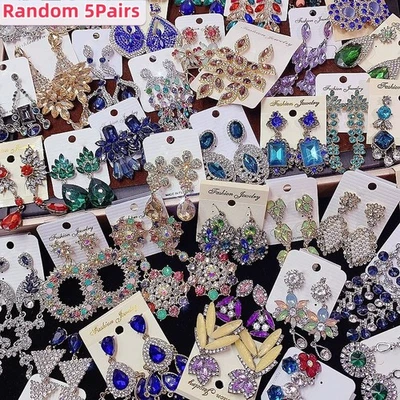 5Pairs Vintage Tassel Fashion Earrings Faux Crystal Ear Clips Mixed Boho Jewelry - Image 1 of 4