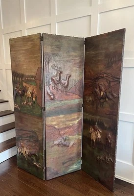 Antique Vintage Leather Hand Tool Room Divider Screen Hunting Horse Dogs Farm - Image 1 of 4